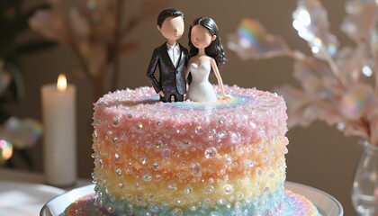 Pastel Rainbow Wedding Cake with Couple Figurines for Pride Month Celebration