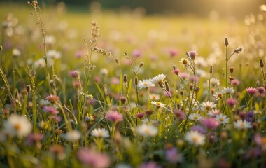 Fototapeta premium A close-up of green grass and colorful flowers with sunlight shining through them