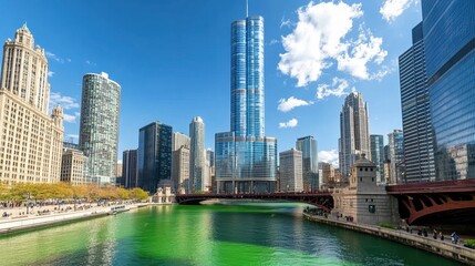 Fototapeta premium Vibrant cityscape of downtown Chicago featuring iconic Chicago River, dyed in striking, bright green