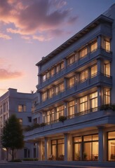 Obraz premium The hotel's facade gazing out at a serene dawn sky, misty atmosphere, hotel