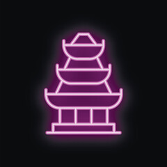Neon illustration representing a pagoda temple glowing purple on a black background