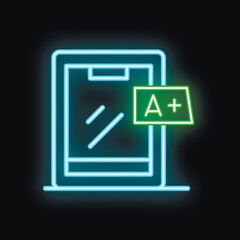 Neon icon of a smartphone receiving an a plus grade, symbolizing excellent mobile performance or user experience