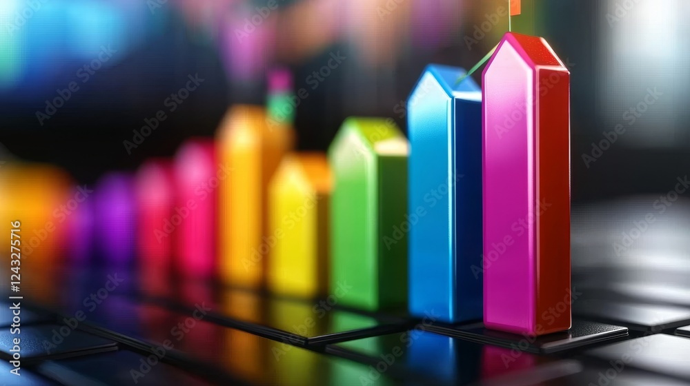 Poster a colorful bar graph displayed on a keyboard, representing data visualization and analytics in a mod