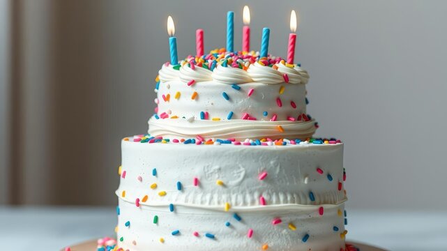 tiered birthday cake with colorful sprinkles on top, decoration, birthday, celebration