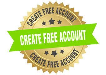 create free account. create free account round green and gold label isolated on transparent background