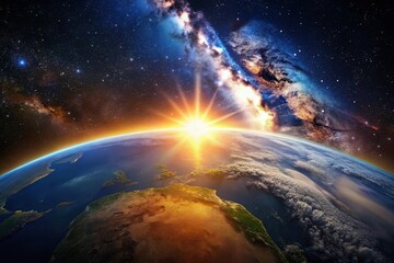 Fototapeta premium Breathtaking Sunrise Earth & Milky Way Galaxy from Space - 3D Render