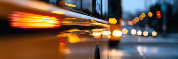 Yellow Bus Side, Blurred Lights, and Out-of-Focus Background Vehicles