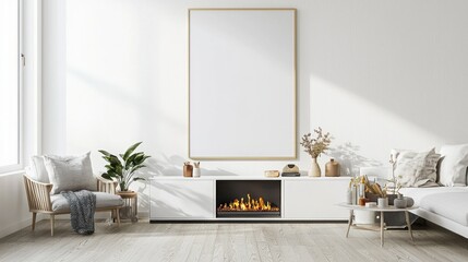 Modern Minimalist Living Room with Fireplace and Blank Frame
