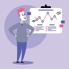 Professional individual standing confidently beside chart showing data trends and analysis in modern business environment