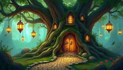 Fantasy Leprechaun Village Nestled in Tree Roots with Miniature Doors, Glowing Lights, and Mossy Pathways