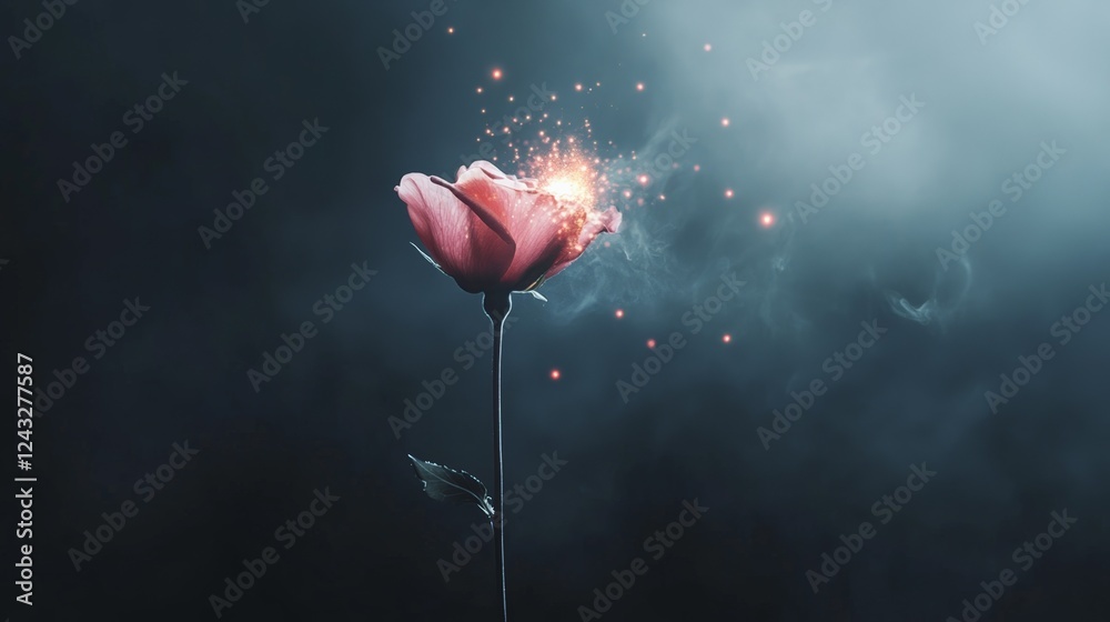 Poster Rose explodes with sparks, symbolizing mental overload and stress. The image captures the essence of burnout, migraines, and the overwhelming nature of excessive information