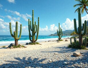 Tropical cacti at the coast with sandy and pebbled beach, ocean horizon, tropical foliage, succulent flowers