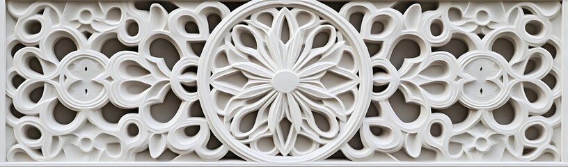 Ornate white architectural relief showcasing intricate floral patterns against a neutral background