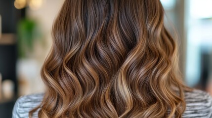 Fototapeta premium Blond hair close-up as a background. Women's long light brown hair. Beautifully styled wavy shiny curls. Hair coloring. Hairdressing procedures, extension.
