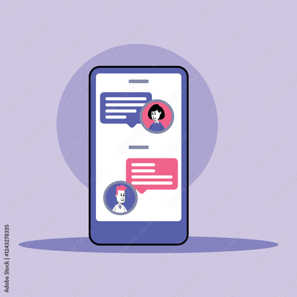 Poster mobile interface with chat messages between two users. profile images and text bubbles indicating co