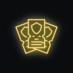 Neon yellow icon glowing on a black background representing secured documents with a shield