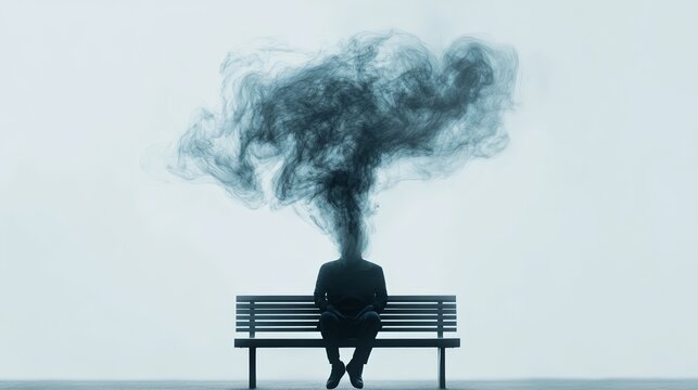 Surreal image depicting a man sitting on a bench with dark smoke billowing from his head, symbolizing stress, information overload, burnout, and mental health challenges