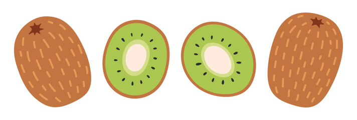 Fototapeta premium Kiwi set. Tropical fruits. Kiwi half, whole exotic fruit. Collection of organic vitamins and healthy nutrition. Flat Vector illustration isolated on white background