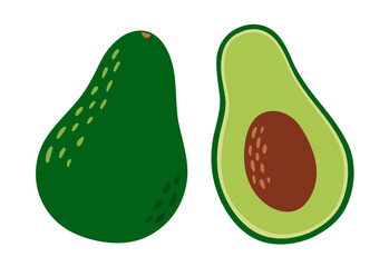 Avocado set. Tropical fruits. Half and whole exotic fruits. Collection of organic vitamins and healthy nutrition. Flat Vector illustration isolated on white background