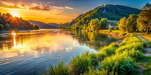 Candid Danube River Coast: Serene Sunset Over Calm Waters