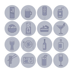 Collection of food and drink icons arranged in grid format. Diverse culinary items and beverages, ideal for menus or concept visuals