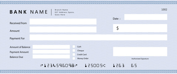 Bank check, vector blank money cheque, checkbook template with guilloche pattern and fields. Currency payment coupon, money check background	