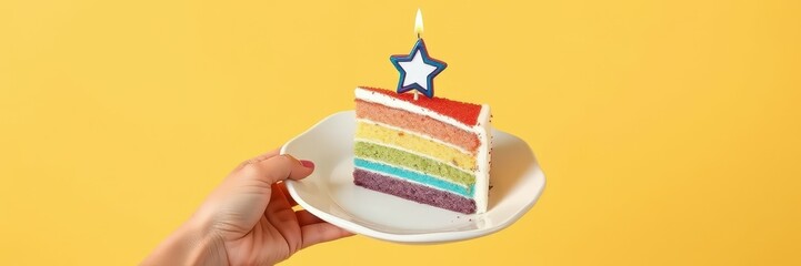 Brightly colored rainbow cake slice with a star candle on a plate against a vibrant yellow background