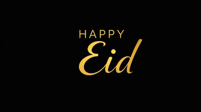 Ethereal, spiritual vibe. Happy Eid in sleek gold typography with crescent moon and dots on black background. Low contrast, light aura, mystical feeling