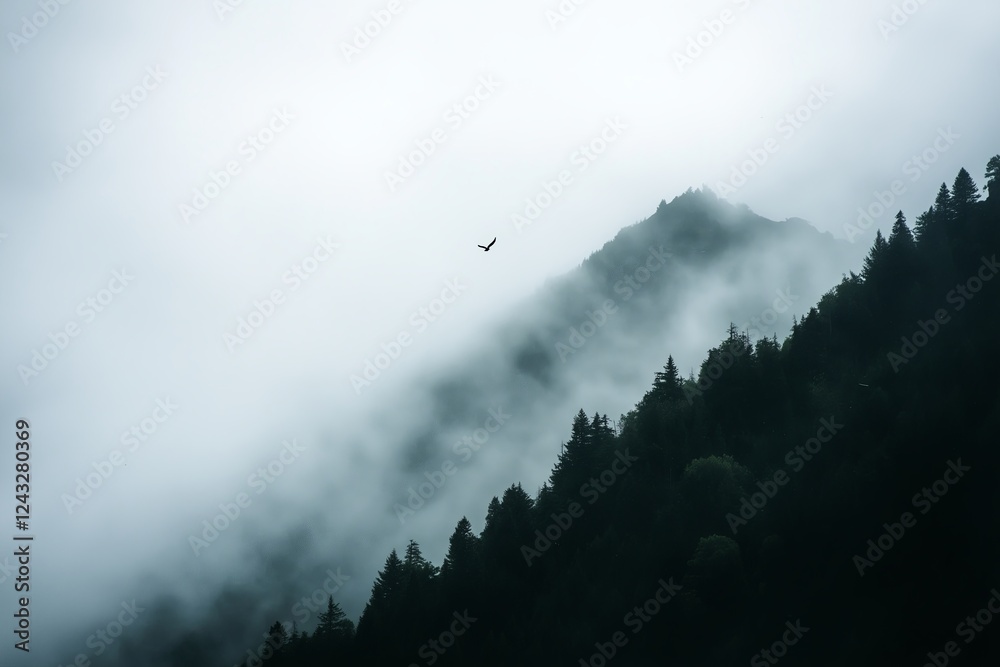 Poster a foggy mountain peak, barely visible through the mist, with a single bird soaring