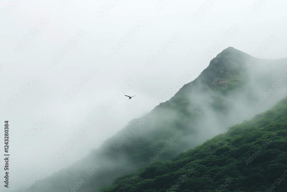 Poster a foggy mountain peak, barely visible through the mist, with a single bird soaring
