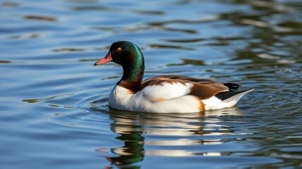 Fototapeta premium Mallard duck swimming gracefully in a serene lake during a sunny day