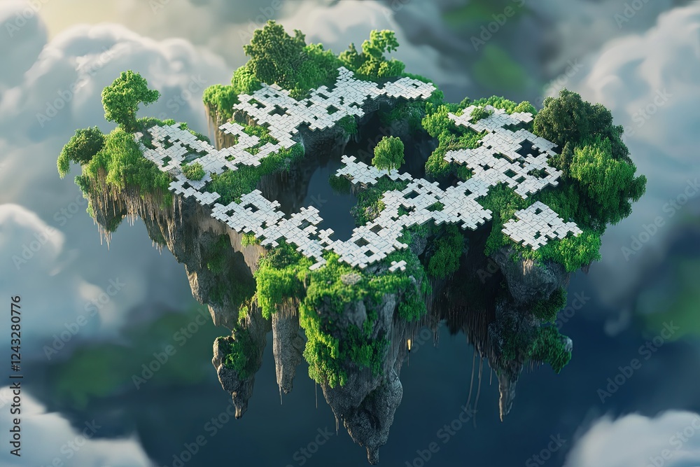 Poster A floating island made entirely of puzzle pieces, some of them missing