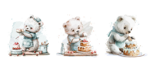 Cute polar bear making cake, For kids birthday party Print for invitation card Poster template Watercolor style, vector