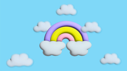 Beautiful colorful rainbow with white clouds on a blue background