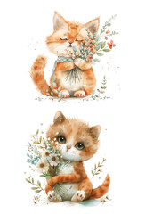 Cute Cat With flower. Lovely kitten isolated on white.