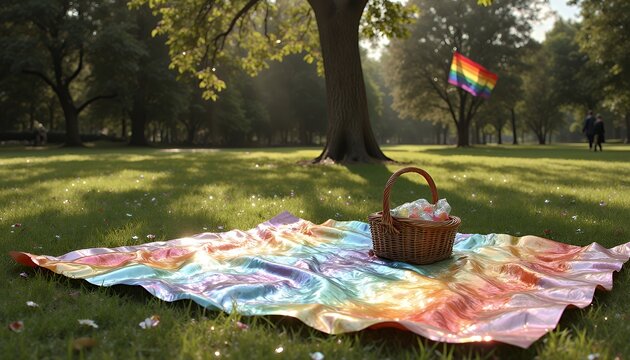 Vibrant Rainbow Picnic Blanket and Basket in Sunny Park with Pride Flag