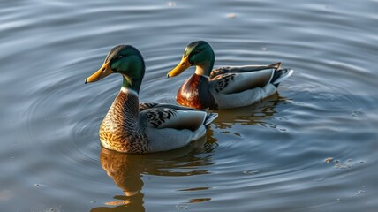 Fototapeta premium Two ducks swimming gracefully in a tranquil pond during golden hour