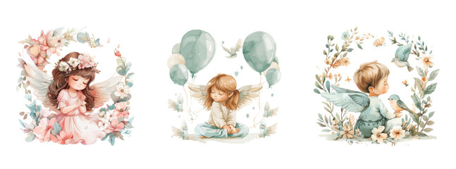 Cute angels with wings, adorable cartoon characters for boys and girls in cupid or cherub costumes, vector illustration
