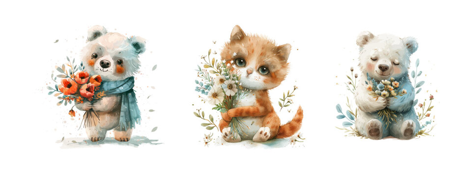 Cute animals with flowers. Cute kitten on white background. For kids birthday party Invitation card print Watercolor style poster template