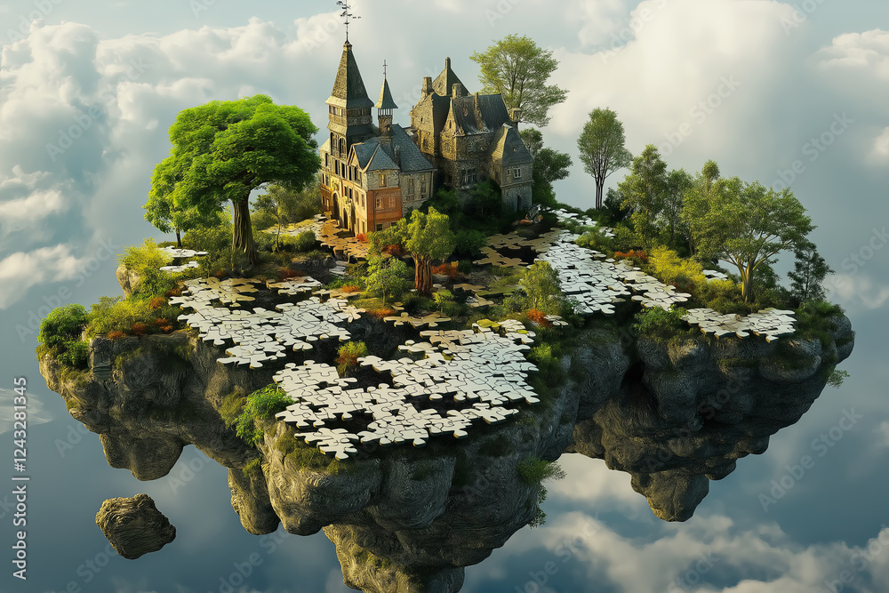 Poster a floating island made entirely of puzzle pieces, some of them missing