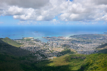 Naklejka premium Aerial view of the city and capital of Port Louis, Mauritius, Africa. 