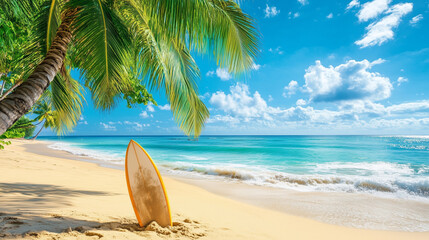 An amazing beach view with a surfboard stuck in the sand, capturing the essence of summer, adventure, and relaxation. Perfect for travel, sports, and vacation themes.