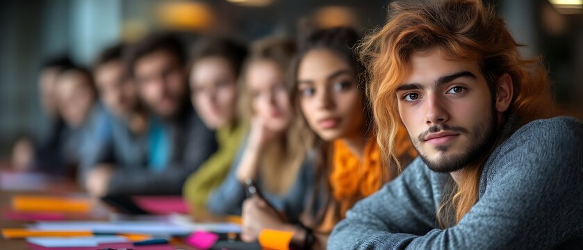Young man with long hair looking at camera, surrounded by diverse group of students.