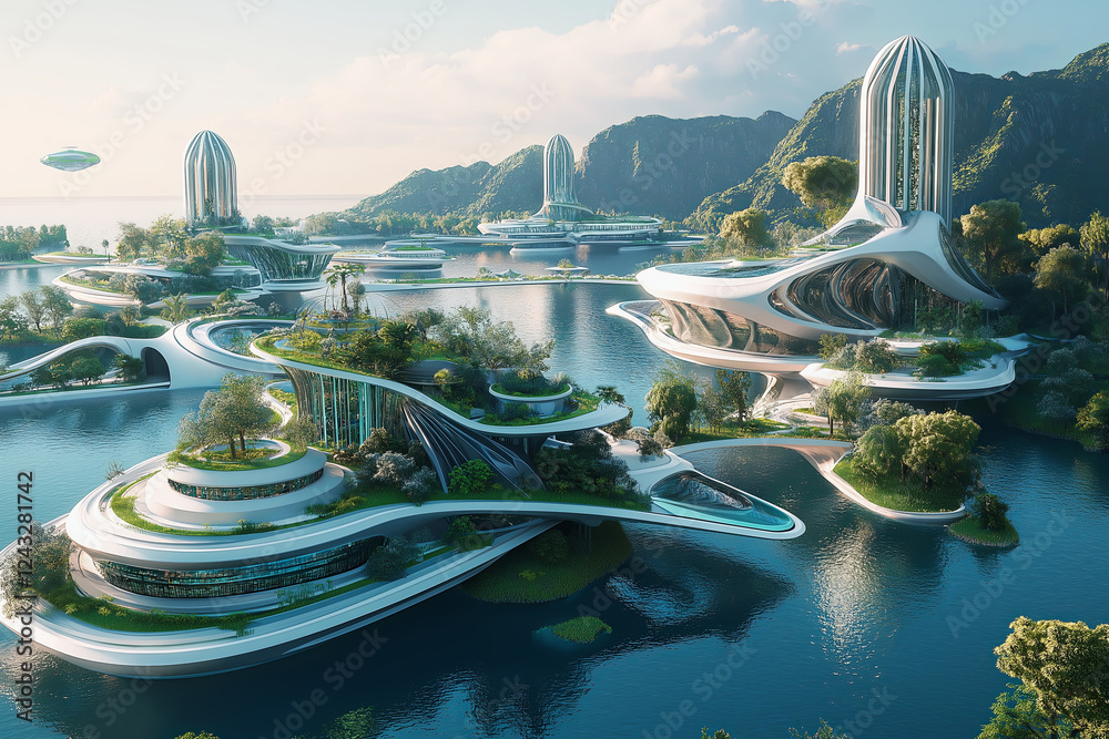 Poster a floating city where technology and nature seamlessly blend.