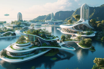 A floating city where technology and nature seamlessly blend. 