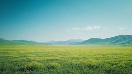 Obraz premium A calm mountain vista with a clear blue sky and green meadows, offering a peaceful and expansive view ideal for mindfulness and relaxation.
