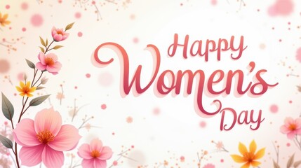 Obraz premium Postcard to International womens Day, 8 March. Hand Letterimg in pink color with border of colorful and tender flowers on white background