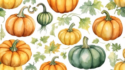 Autumn harvest of pumpkins with vibrant colors and leafy accents showcased on a light background