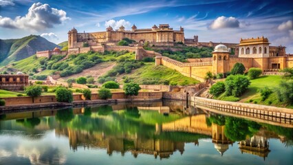 Obraz premium Majestic Hilltop Fortress Reflecting in Serene Waters A Picturesque Scene of Architectural Grandeur and Tranquil Beauty