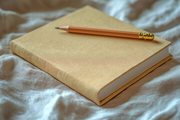Pale Yellow Notebook and Pencil on Linen Fabric